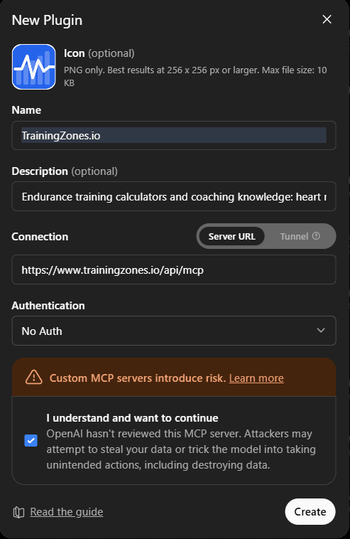 Das Fenster New Plugin von ChatGPT, mit dem Namen TrainingZones.io, der URL https://www.trainingzones.io/api/mcp und der Authentifizierung auf No Auth.