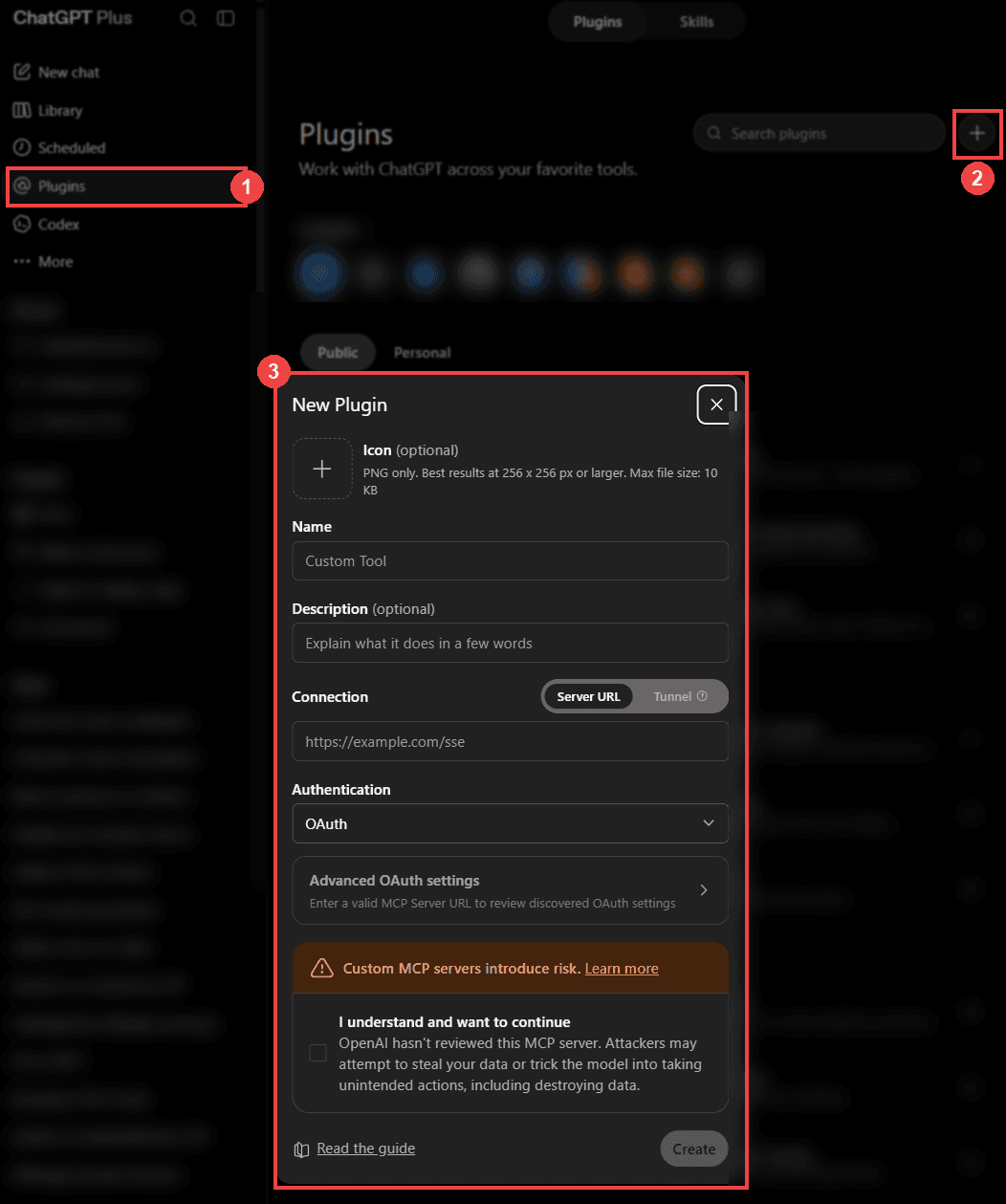 Die Plugins Seite von ChatGPT: das Menü Plugins in der Seitenleiste, die Schaltfläche + oben rechts und das Fenster New Plugin, das sich öffnet, von 1 bis 3 nummeriert.